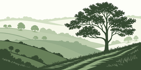 A serene landscape with rolling hills and a solitary tree in the distance Vector © zon