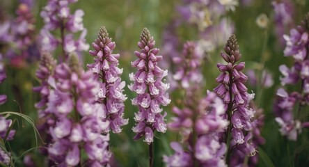 Fototapeta premium Detailed artistic depiction of a flower filled field with aquilegia bloom clusters