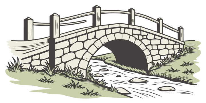 Stone bridge over a small stream in a serene park setting Vector