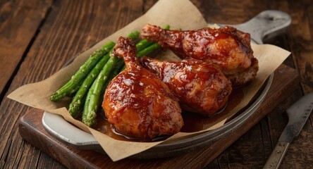 Savory chicken leg quarters basted in barbecue sauce on rustic wooden table