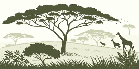 A majestic acacia tree stands tall in the vast savanna landscape under a clear blue sky Vector © zon