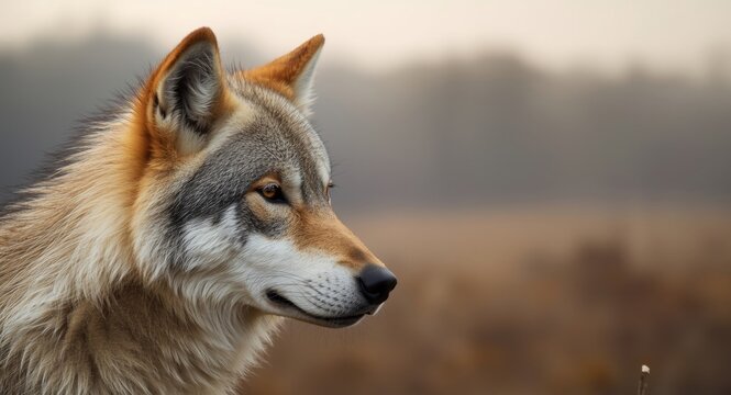 Detailed tundra wolf headshot with a softly hazed tree line beyond