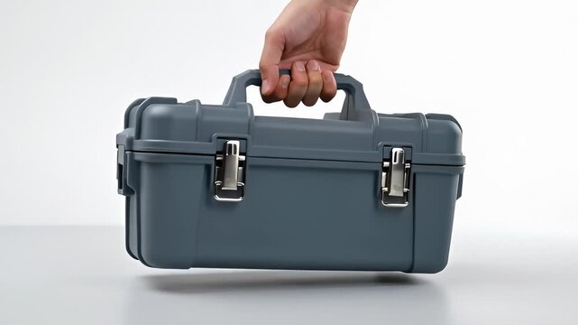 Hand Picking Up and Setting Down a Gray Hard Plastic Tool Case With Metal Latches on a White Surface