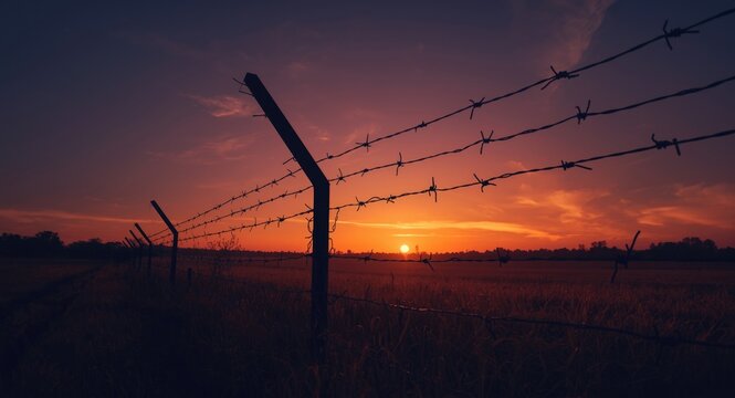 Barbed wire fence capturing the spirit of breaking chains at sunset