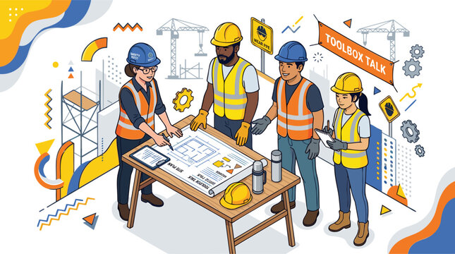 Diverse Construction Team Planning Blueprint, Toolbox Talk for Building Project Safety, Engineering. Flat Isometric Vector Illustration with Bold Colors, Customizable.