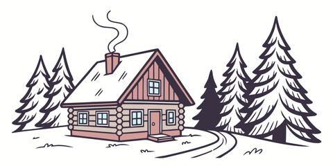 Obraz premium A cozy cabin nestled in the woods with a warm chimney and tall pine trees around it. Vector