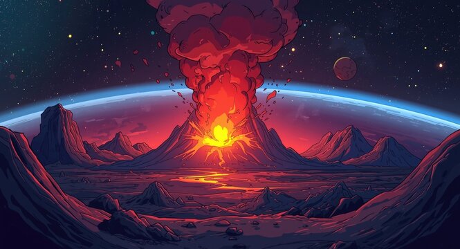 Cartoon style volcanic eruption scene on a distant prehistoric planet with dramatic colors
