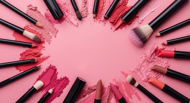 Brightly hued makeup products spread out on table with space for custom text