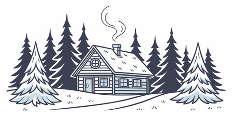 Obraz premium A quaint log cabin nestled in the heart of a serene forest with snow-covered trees Vector