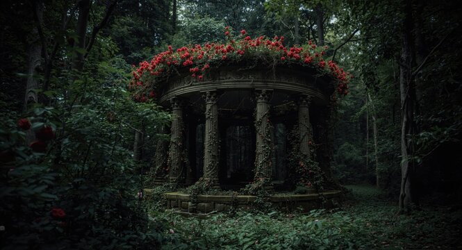 Ancient rotunda lost in shadowy woods adorned with flourishing red rose vines