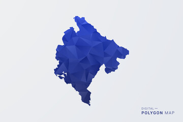 Fototapeta premium Montenegro Map - Polygon Style Vector Illustration in Deep Blue Gradient, Low Poly Geometric Design, Clean Silhouette Isolated on White Background for Infographics.