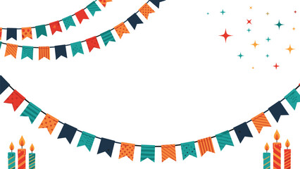Obraz premium White background is decorated with colorful bunting flags, stars, and birthday candles at the bottom, creating a celebratory atmosphere.