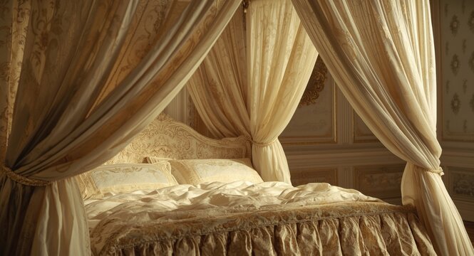 An artistic canopy bed with flowing decorative fabric creating a sophisticated look
