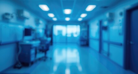 Fototapeta premium blue and white medical workspace featuring a gentle blur effect produced by artificial intelligence