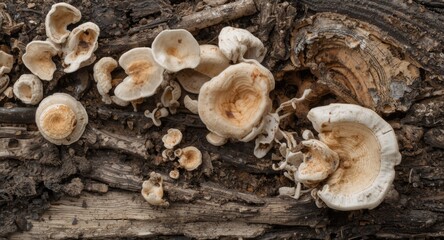 Fototapeta premium Detailed examination of porcelain fungus on damaged wood texture
