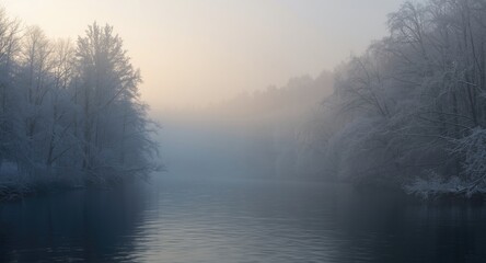 Fototapeta premium Foggy winter river landscape surrounded by forest for wallpaper background