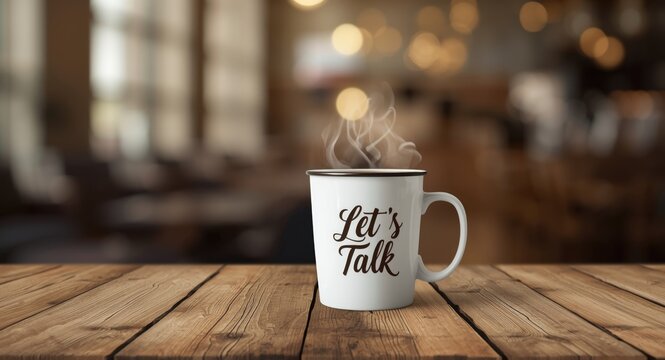 Cafe coffee cup featuring LETS TALK to encourage communication during difficult moments with family and staff