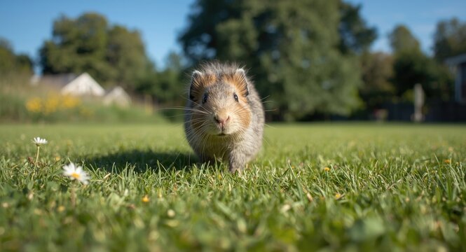 Energetic cavy exploring fresh grass lawn on sunny summer afternoon full length view