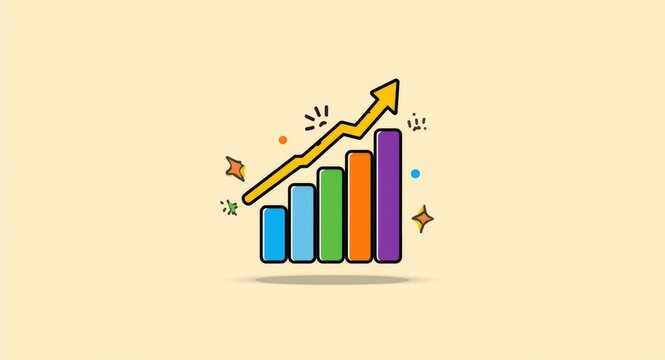 Colorful comic bar graph icon highlighting growth with animated arrow in lively design