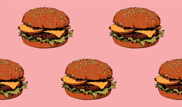 Editable vector seamless pattern with hand drawn cheeseburgers. Retro fast food illustration with sesame buns, cheese, beef patty and lettuce. Burger background for packaging, menu or textile design.