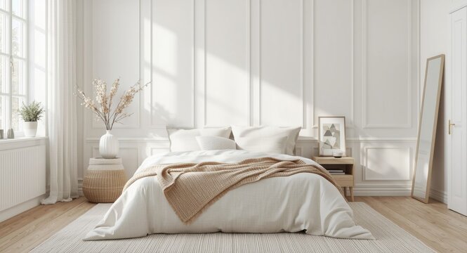 Bright stylish bedroom including a cozy bed with a light coverlet and simple decorative elements