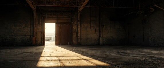 Abandoned industrial space featuring open metal gate and sunlight patterns on the warehouse floor