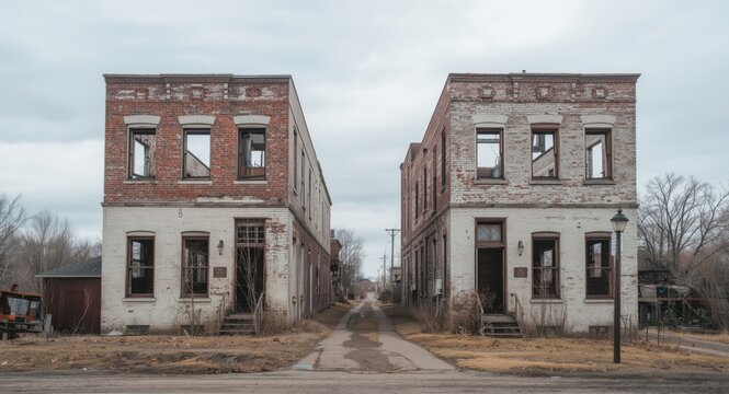 Deteriorated white brick buildings standing tall in a forsaken town