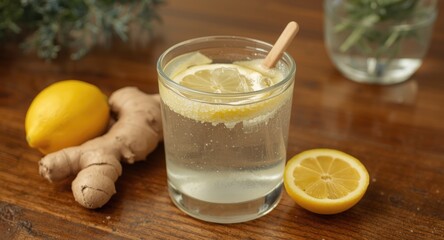 Fototapeta premium Cleansing morning water with ginger and lemon on wooden table