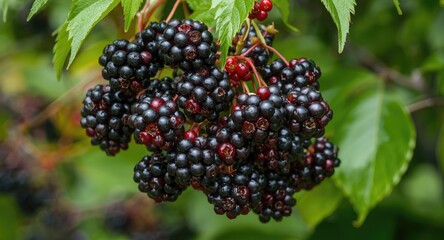 Black elderberry bunches hanging heavily on a vibrant summer bush