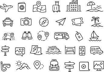 Travel Vector Line Icons &ndash; Airplane, Map, Hotel and Navigation. Linear icon collection. Editable stroke. Vector illustration