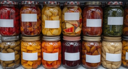 Assorted preserved foods stored in clear glass jars with labels