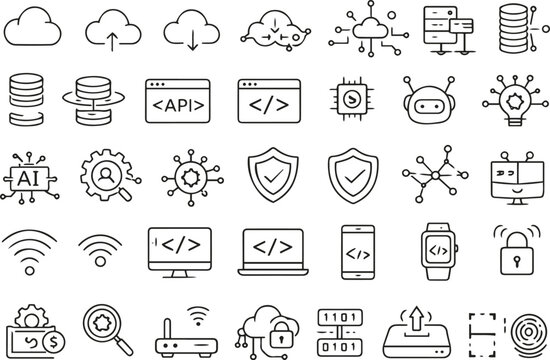 Technology and AI Line Icons Set &ndash; Cloud Computing, Coding and Data Symbols. Linear icon collection. Editable stroke. Vector illustration