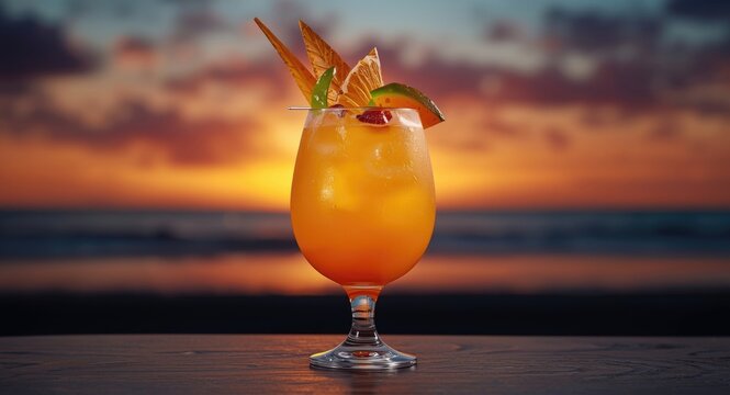 Bright and chilled rum punch drink garnished with tropical fruits at sunset