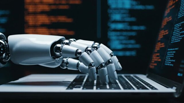 Robot typing code on laptop.
