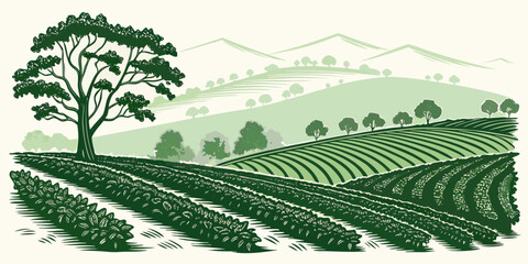 A picturesque landscape of rolling hills and lush greenery under a clear blue sky Vector © zon