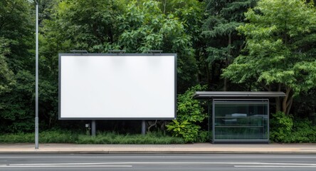 Fototapeta premium Blank advertising billboard near bus stop and verdant plant surroundings