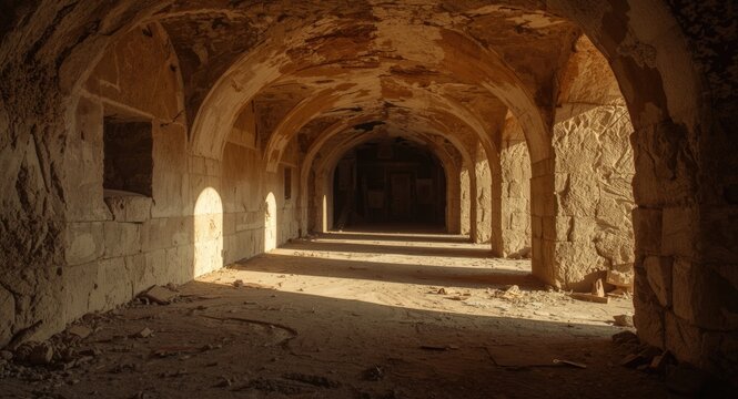 Deserted crypt bathed in bright daylight from outside