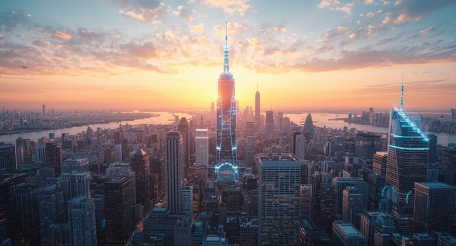 Conceptual 3d mega city highlighting next generation urban technology progress