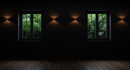 Fototapeta premium Dimly lit room with black brick wall illuminated by wall sconces and windows framing vibrant greenery