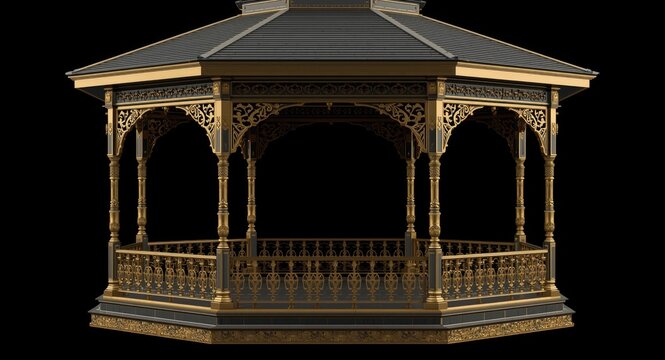 Elegant pavilion brass balustrade featuring traditional decorative elements and dark background with copy space