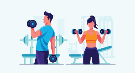 Man and Woman Lifting Dumbbells in Gym