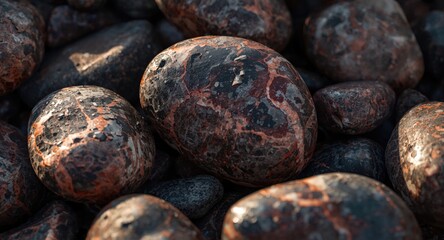 Close visual of natural stones with striking red color patterns