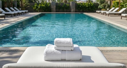 Chic hotel outdoor pool showcasing a pile of white towels for swimming guests