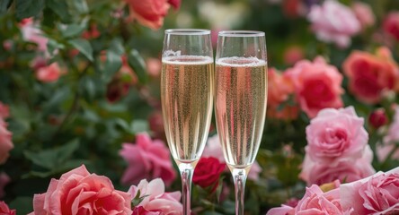 Closeup shot of rose champagne glasses set within a blooming garden scene