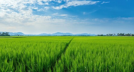 Obraz premium Agricultural vista with rice crops growing under a tranquil sky
