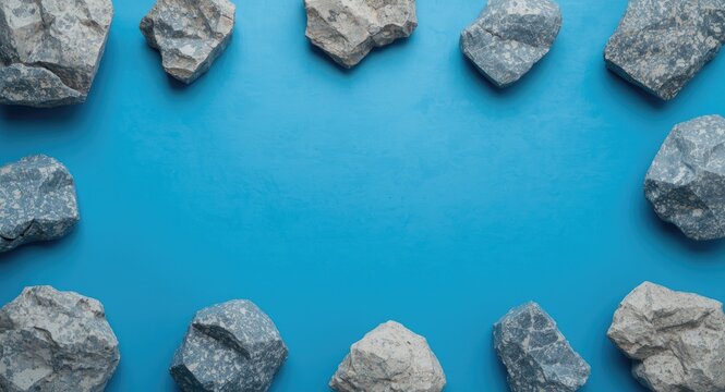 Blue geometric mockup surface displaying artificially created stone and rock shapes