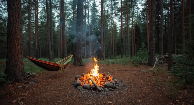 Backcountry camping view showing hammock and campfire surrounded by pines and wide copy space