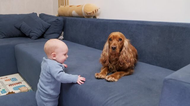Curious baby boy in blue pajamas standing near a couch, trying to play with a calm english cocker spaniel dog. Adorable friendship between a small child and a patient pet at home
