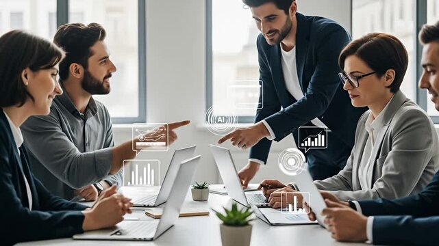 Diverse team collaborates on laptops with superimposed AI data charts in office