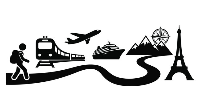 Global travel journey with various transportation modes and iconic destinations